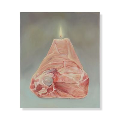 une peinture à l'huile représentant un morceau de viande avec une bougie allumée au milieu
