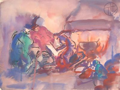a painting of a group of people sitting on a couch