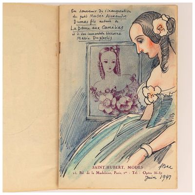 un vieux livre sur lequel figure le dessin d'une femme se regardant dans un miroir