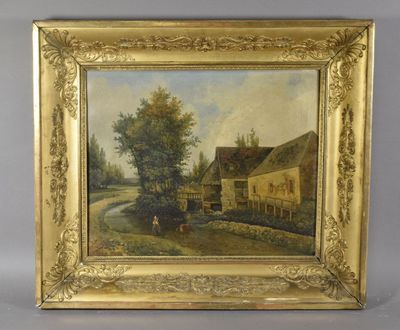 an oil painting of a farm scene with a horse and a house