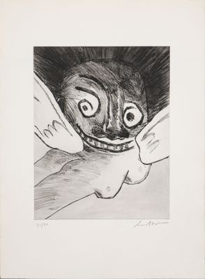 un dessin en noir et blanc représentant un visage avec un grand sourire