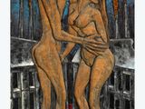 a painting of two nudes hugging each other in front of a full moon