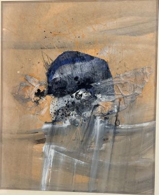 a painting of a bird sitting on top of a table