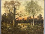 an old painting of a man walking down a dirt road in the woods