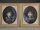 painting of a vase of flowers on a table with a curtain in the background