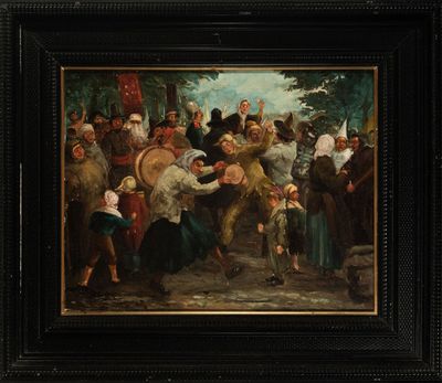 tableau représentant un groupe de personnes debout autour d'un homme tenant une épée