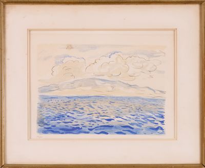 an image of a painting of a blue ocean with clouds in the sky