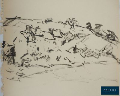 drawing of a group of people riding horses in a field
