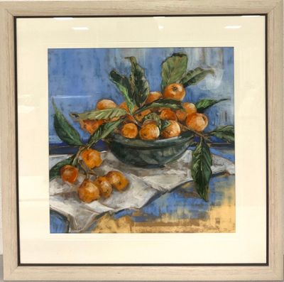 un tableau représentant des oranges dans un bol posé sur une table