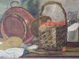 un tableau représentant un panier de provisions posé sur une table