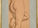 painting of a nude woman in a gold frame on a beige background