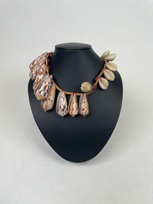 the necklace is decorated with shells and beads on a black mannequin