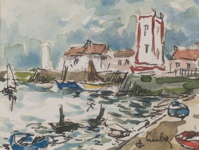 un tableau représentant des bateaux sur l'eau près d'un phare