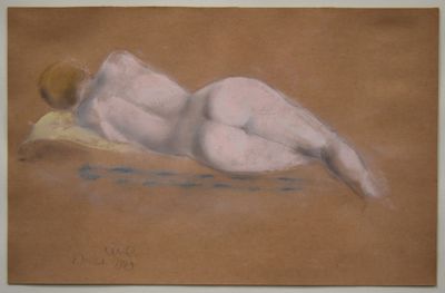 painting of a nude woman laying on a pillow on a brown surface