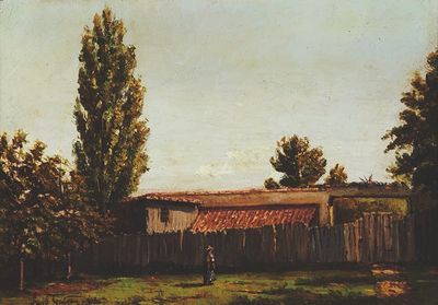 un tableau représentant un homme debout devant une grange