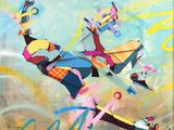 une peinture représentant un homme sur un skateboard en plein vol
