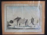 an old drawing of a farm with a windmill in the background