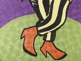 painting of a woman in a striped dress and orange boots