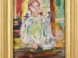 une peinture à l'huile représentant un homme assis à une table, une tasse à la main
