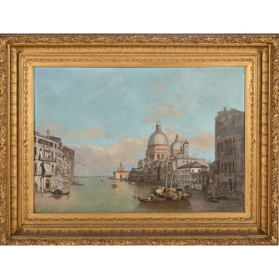 une peinture à l'huile représentant une vue de ville avec un bateau sur l'eau