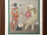 painting of a clown and a clowness playing a game of chess