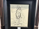 dessin encadré représentant une femme assise sur une chaise dans une pièce