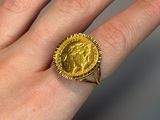 someone is holding a ring with a gold coin on it