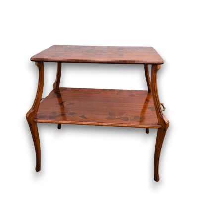 an image of a wooden table with a shelf on top of it