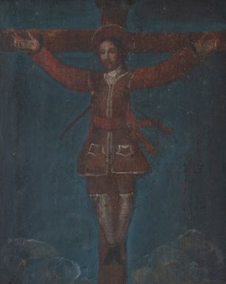 une vieille peinture représentant une personne sur une croix, avec le ciel en arrière-plan