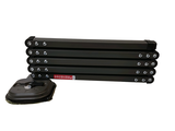three black rollers with wheels and a rubber pad on a white background