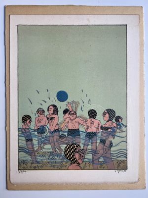 tableau représentant un groupe de personnes jouant au frisbee dans l'eau