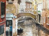 a watercolor painting of a canal with boats on it