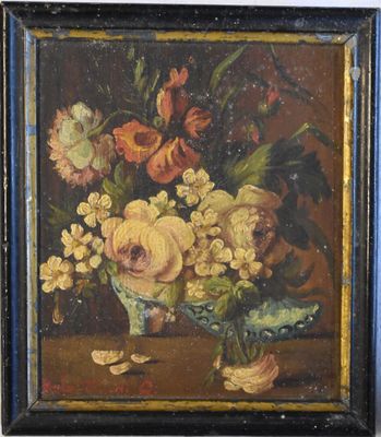 painting of flowers in a vase on a table in a room