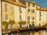 a painting of a painting of a city by the water
