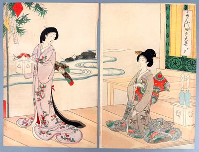 two pictures of a woman in a kimono dress