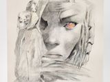 drawing of a woman with an owl on her shoulder and an owl perched on her shoulder