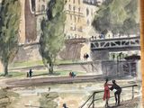 a watercolor painting of people fishing in a river