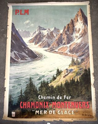 poster of a mountain scene with a lake and mountains in the background