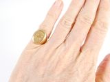 a woman ' s hand holding a gold ring with a coin on it