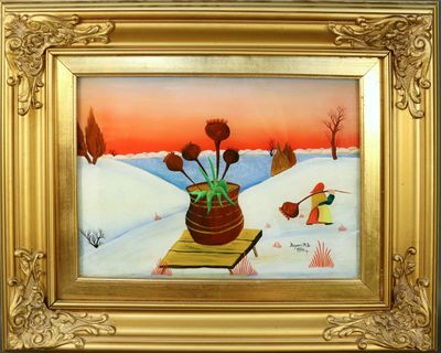 a painting of flowers in a vase on a table