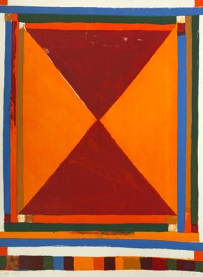 une peinture abstraite représentant un carré orné d'un motif rouge, orange et bleu
