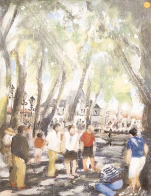 un tableau représentant un groupe de personnes se promenant dans un parc