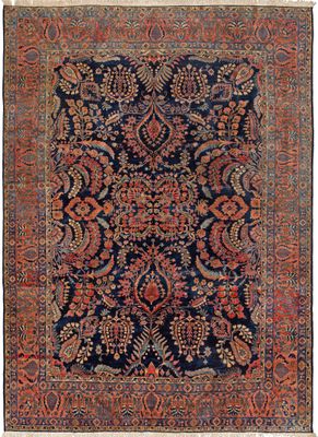tapis persan ancien à motif floral sur fond bleu