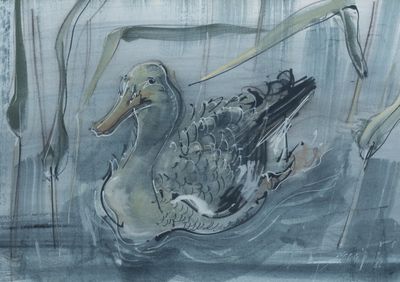 a drawing of a duck in the water with reeds