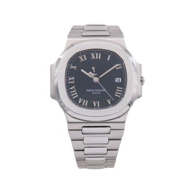 an image of a silver wrist watch with roman numerals on it