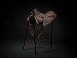 an image of a horse ' s saddle on a stand in the dark