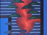 painting of a red vase with green trees in it on a blue background