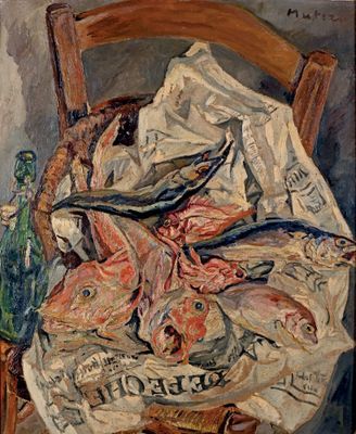 une peinture représentant des poissons sur une table recouverte d'une nappe