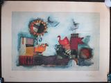a picture of a painting of a train with a bird on it