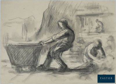 dessin représentant un homme poussant une charrette dans laquelle se trouve un enfant
